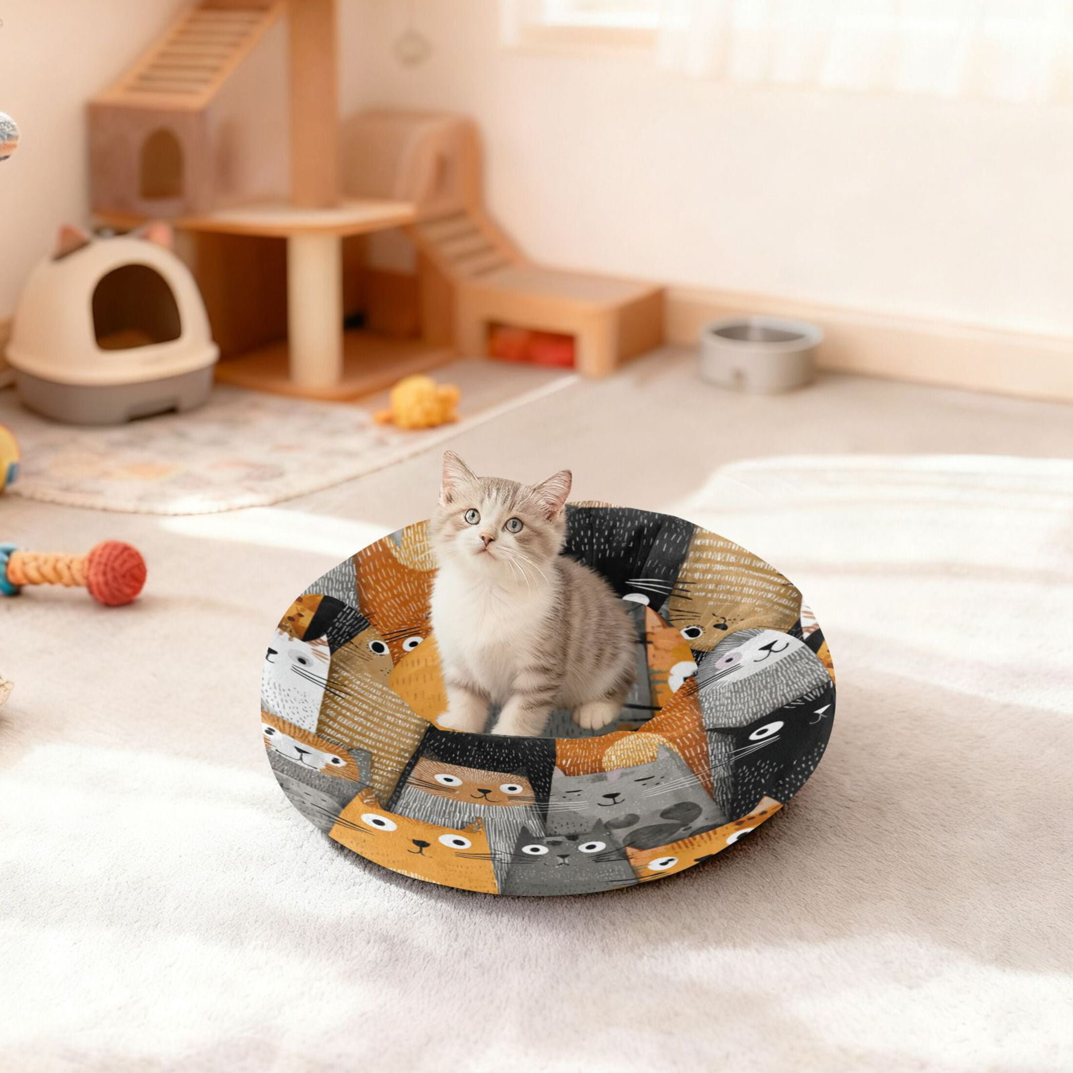 Iauyy Pet Couch Donut Cat Bed for Indoor Cats/Small Dogs Washable & Machine with Non-slip Bottom Calming Cat Furniture, Cartoon Illustration (XS)