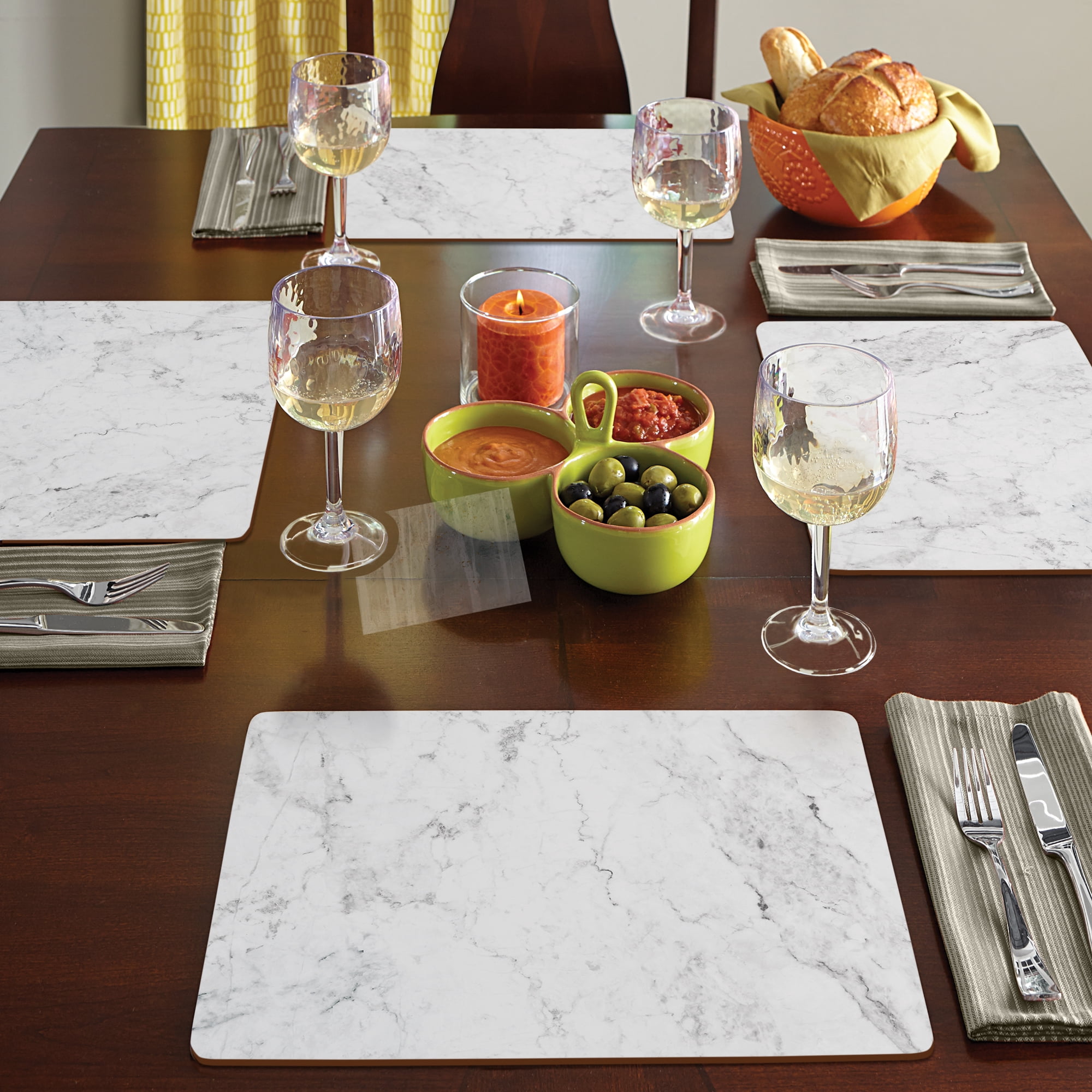 Cala Home "White Marble Design" Premium Decorative Hardboard Cork Back Tabletop Placemats 4 Pack