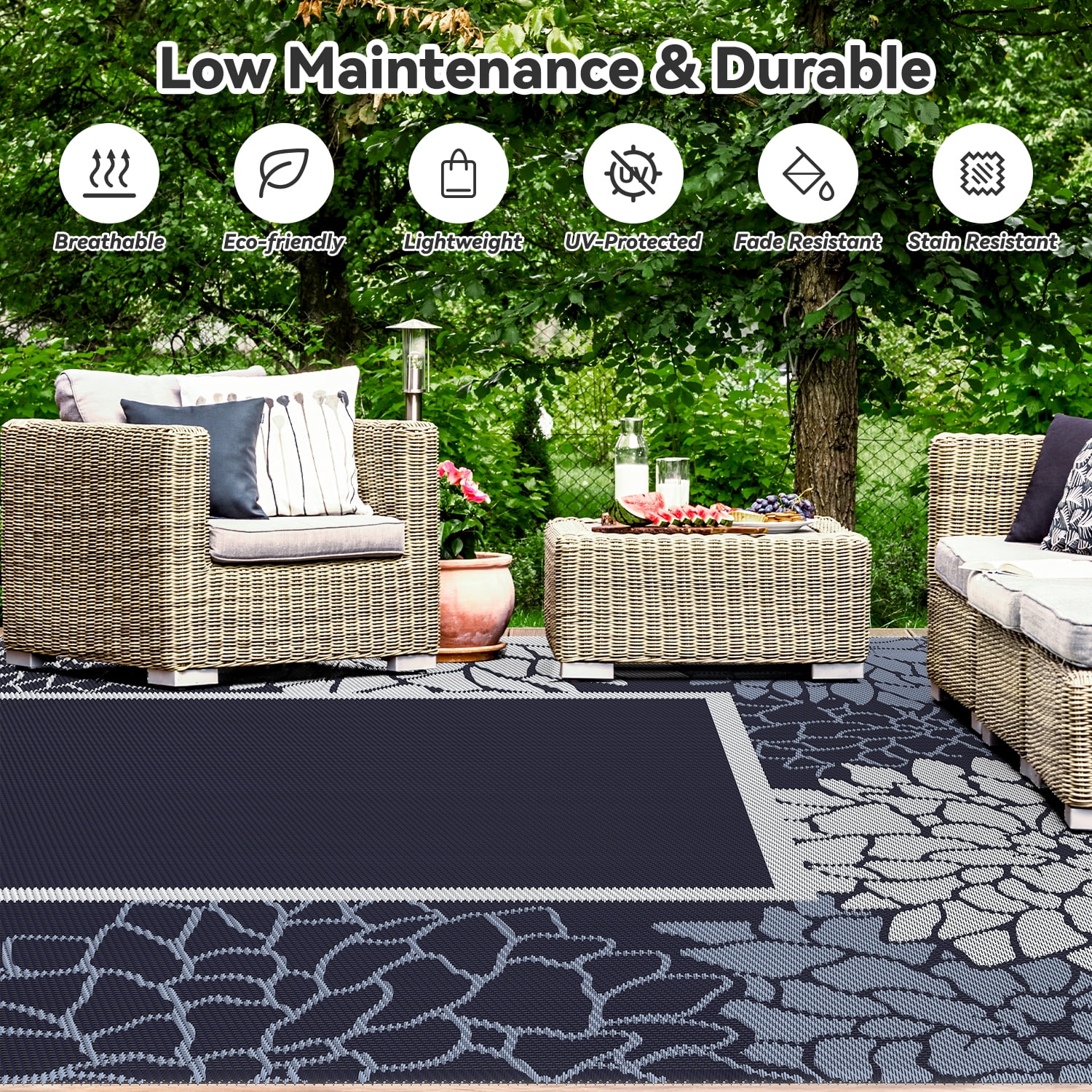 SIXHOME Outdoor Rug 6'x9' Waterproof Reversible Patio Rug Floral Border Plastic Straw Indoor Outdoor Rug for RV Camping Garden Picnic Beach Deck Backyard Porch Decor Blue and Gray