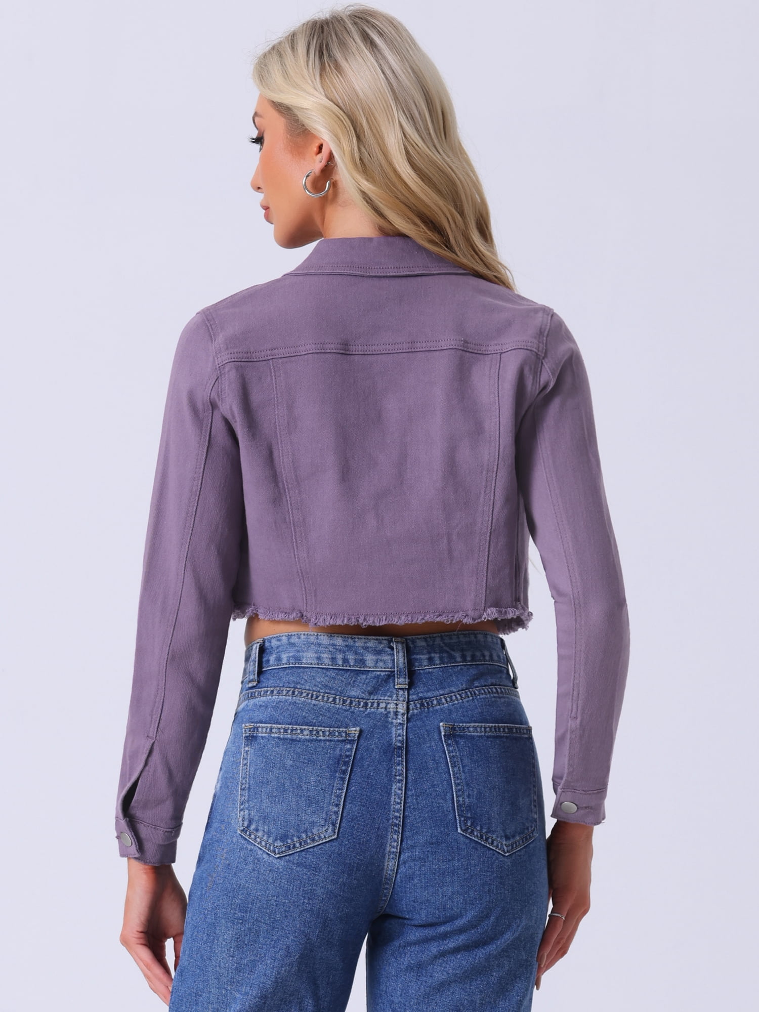 DARING DIVA Women's Frayed Button Up Washed Cropped Denim Jackets S Purple