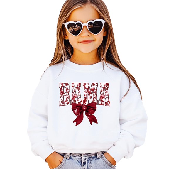 Bama Sweatshirt with Crimson Coquette Bow Alabama School Pride Red Floral Sweater White Sweatshirt Youth Medium