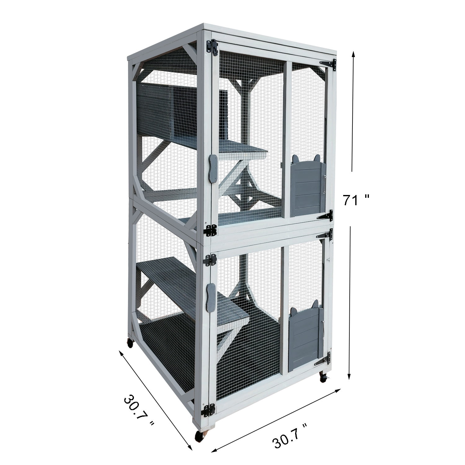 Catio, 2-Tier Outdoor Cat Enclosure, Wooden Cat House for Outside Indoor Kitty Cage on Wheels, All-weather Waterproof Top, Resting Box and Jump Platform, 71''H