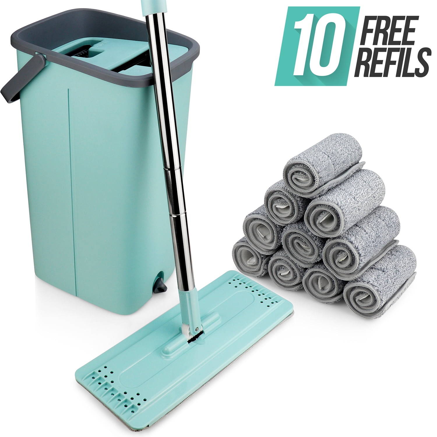 eXuby Flat Mop and Bucket w/ 10 Washable Microfiber Mop Heads 360