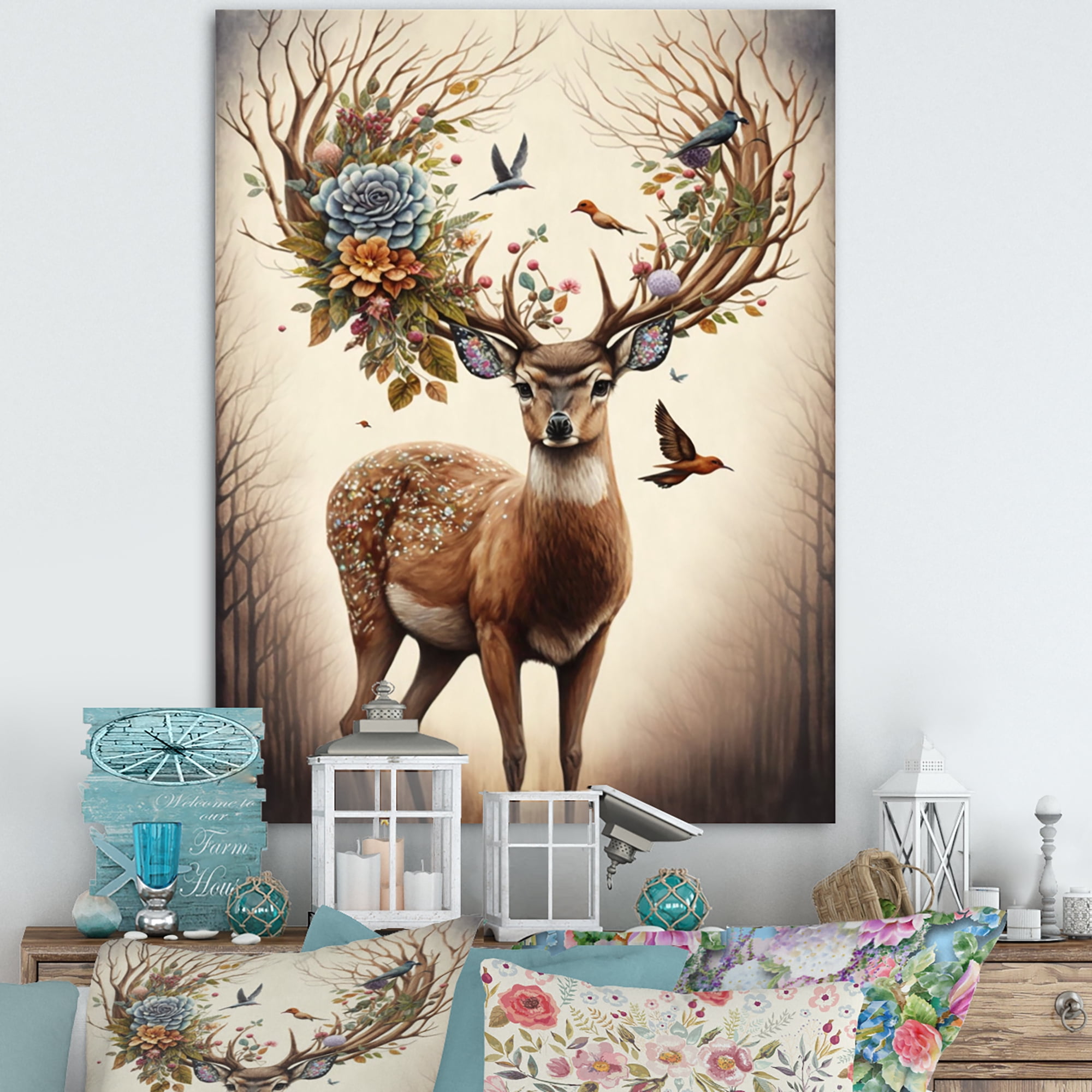Designart Deer With Blooming Antlers II Canvas Wall Art