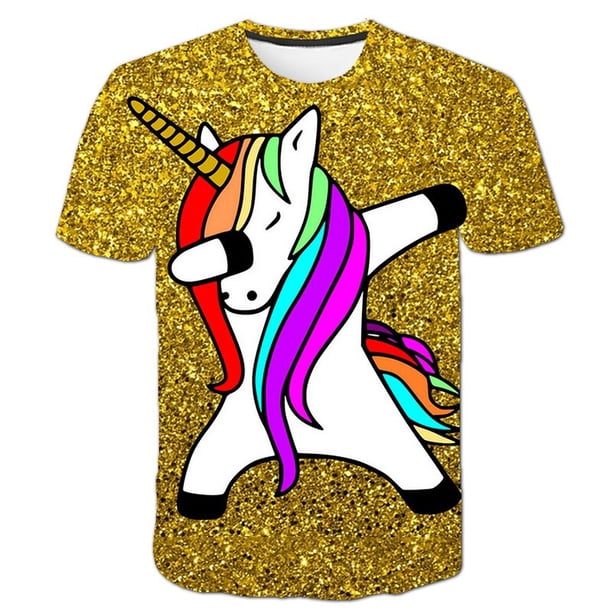 Unicorn T-shirt Summer Fashion Clothes Girls Clothes Rainbow Boys Clothes Crew Neck Casual Children's T-shirt10T Gong Bohan LED