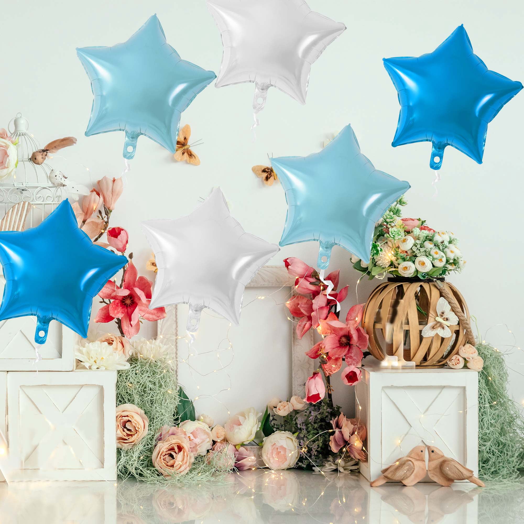 Unique Bargains 10Pcs Helium Balloons with Ribbon Star Pattern Silver Tone Light