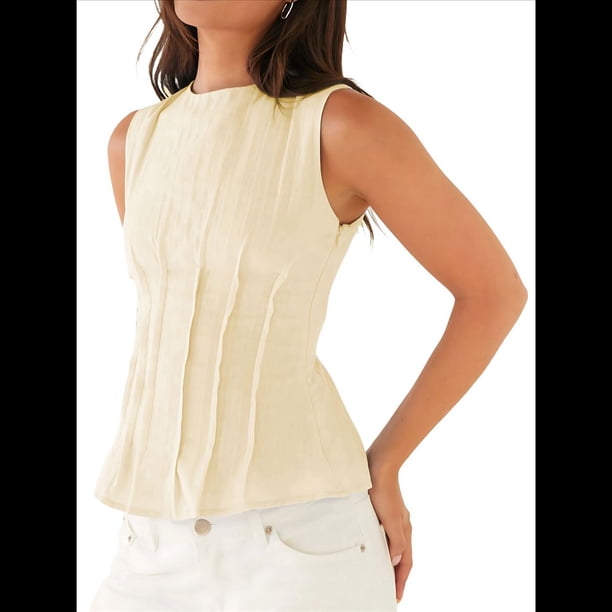 Blusas Casuales Sin Mangas para Mujer, Blusas de Trabajo Fruncidas, Ajustadas, Camisas de Moda 2025 Amarillo S