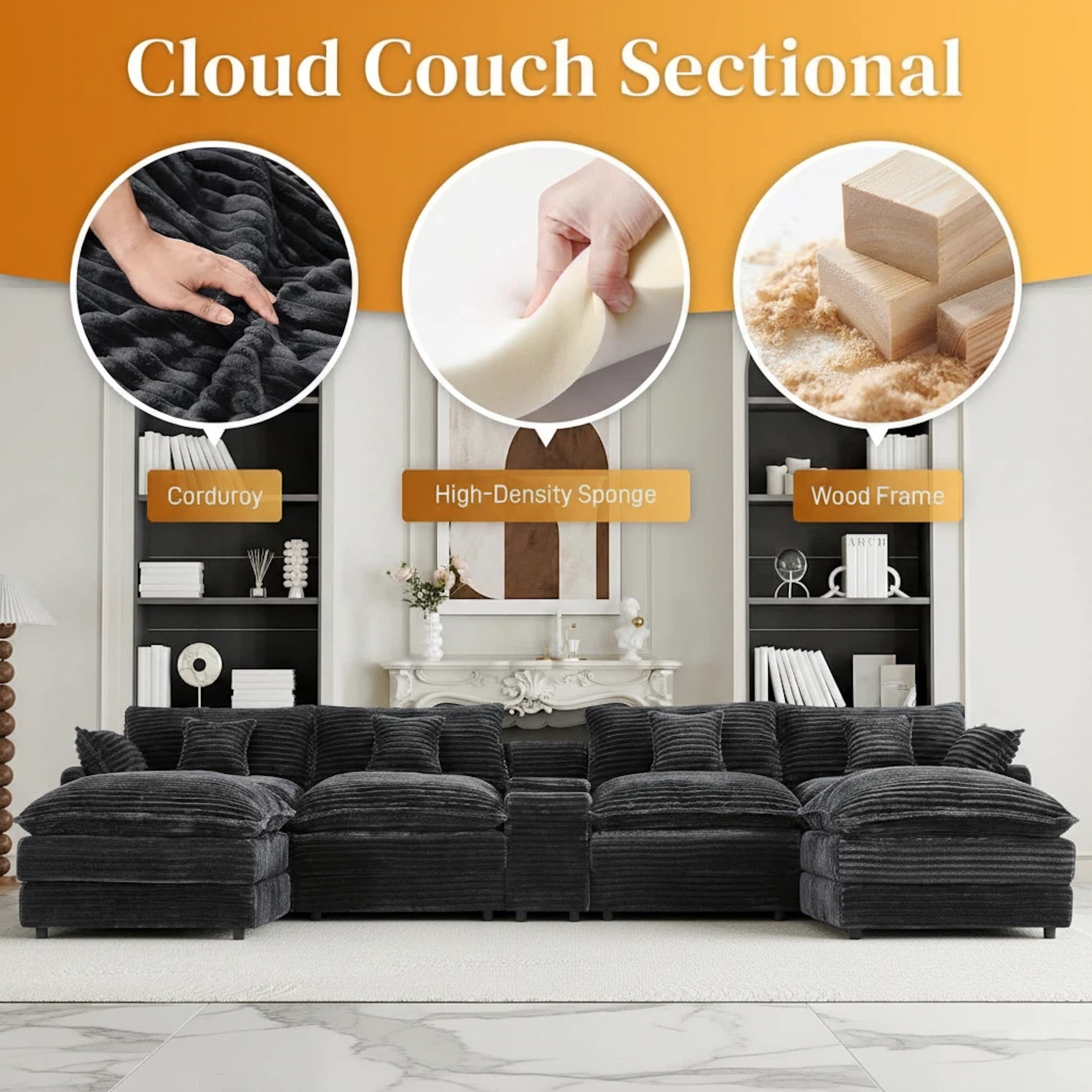 Vinform 145" U Shaped Cloud Couch Sectional with USB Charging, Hidden Storage, Cup Holders & Double Chaise, Grey
