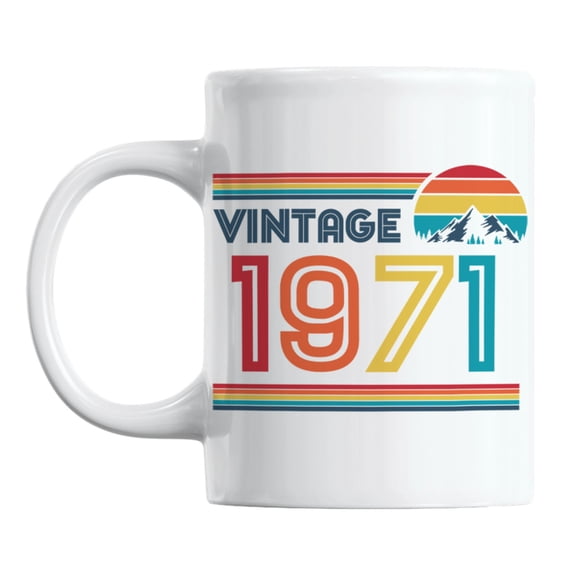 Vintage 1971 feat. Retro Sunset White Ceramic Birthday Coffee & Tea Mug (11oz)