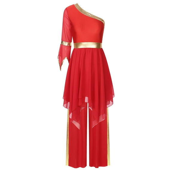 TiaoBug Women Worship Praise Dance Outfits Flared Sleeve Dance Dress Wide-leg Pants 2 Piece Set Red L