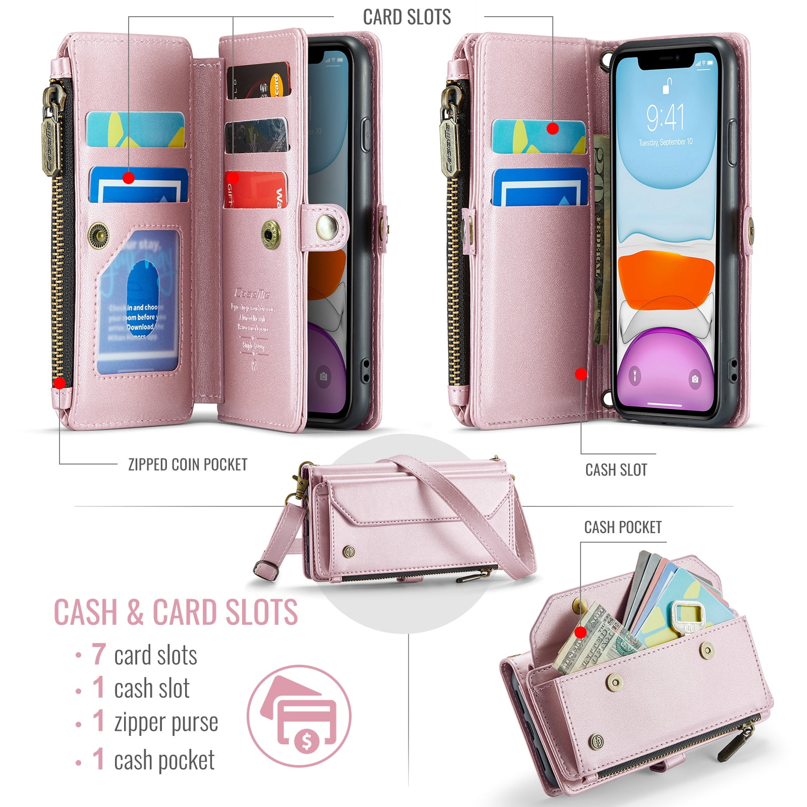for iPhone 11 Full Body Protection Wallet Folio Flip Case, Shoulder Strap & Wristlet Card Slots Zipper Pocket RFID Blocking Rugged Durable PU Leather Phone Case Cover, Pink