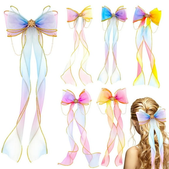 HYG 6 Pcs Bow Hair Clips Colorful Ribbon Hair Bows Rainbow Lace Clip Iridescent Princess Hair Clip Hair Pin with Ribbon Tassels Hairpin for Girls Cosplay Birthday Hair Accessories