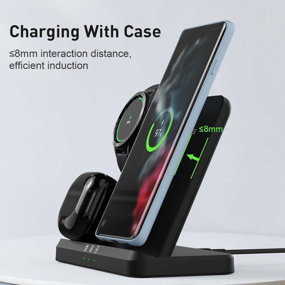 15W Wireless Smart Watch Phone Headsets Charger Dock Station 3 in 1 Hub for Galaxy Watch 4/3/Active2