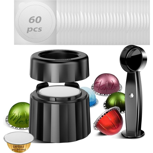 CHL-Reusable & Refillable Pods Kit for Nespresso Vertuo–60 Refill Aluminum Foil Lids, Compatible with Nespresso Vertuo & Vertuoline Machines, Coffee Capsules Kit with Lid Cutter, Holder & Scoop