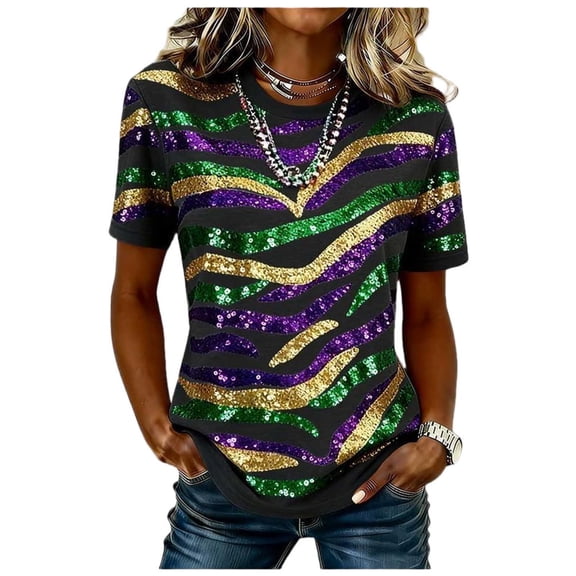 Craaazy Mardi Gras Shirts for Women Casual Loose Leisurely Printed Bow Prints Crewneck Casual Short Sleeve Carnival Party Celebrate Clothes Gifts