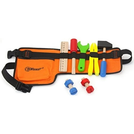 Top Race 10 Piece Tool Belt, Thick Fabric Tool Belt with Solid Wooden Tools, Construction Role Play