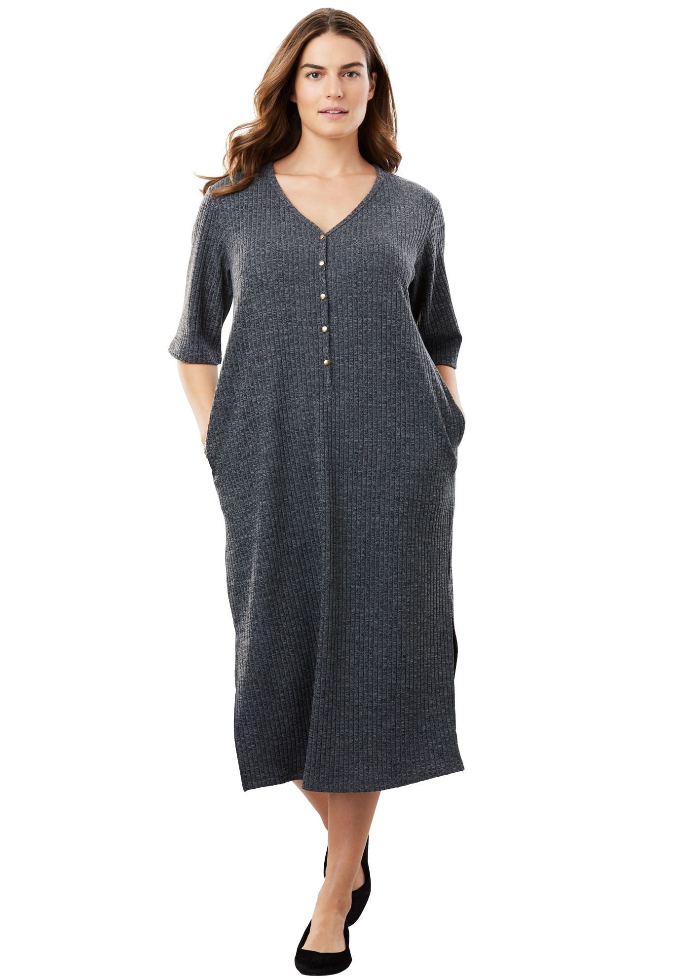 Woman Within Plus Size Rib Knit Buttoned Tshirt Dress
