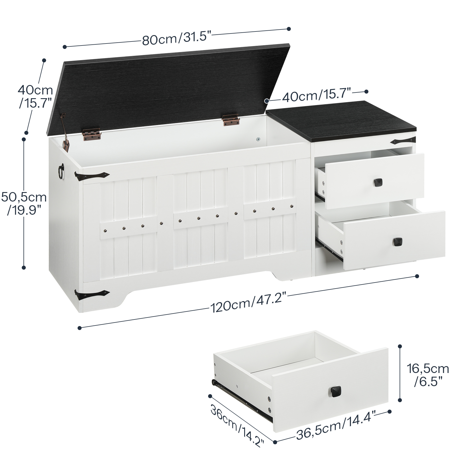 HOOBRO Wooden Toy Storage Bench and Chest, Dual Drawers, Safe Hinge, Extra-Long Thick Top, Easy Assembly, Multipurpose Storage Organizer Trunk, for Living Room, Bedroom, White and Black WB212CW01