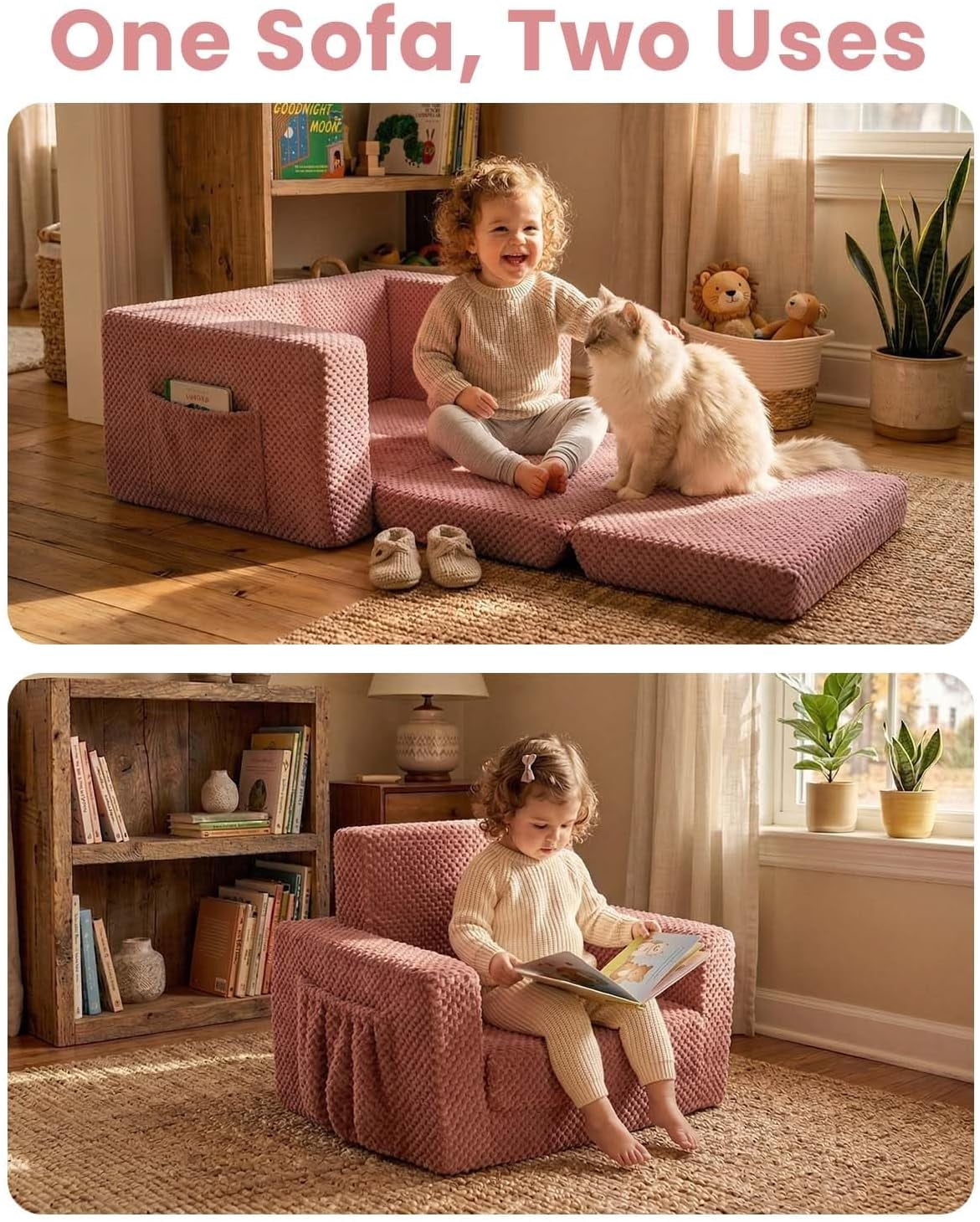 Beavtaens Foldable Toddler Couch with Soft Sherpa Cover, 2-in-1 Comfy Toddler Sofa & Lounger for 1-3 Years Old Girls Boys, Kids Chair with Pockets & Handle for Reading, Playroom, Pink