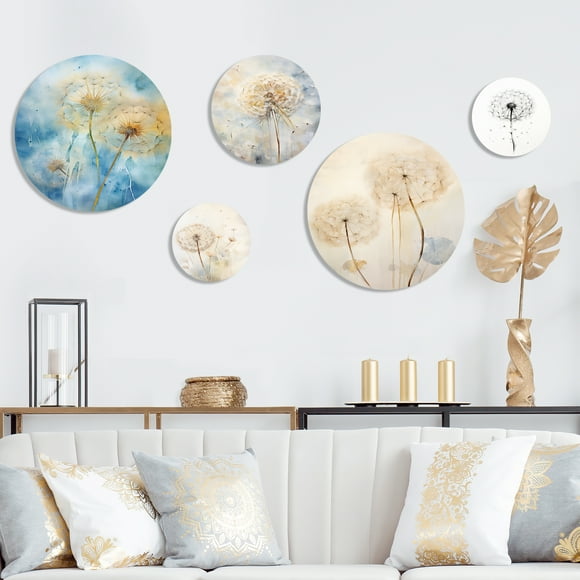 Designart "Dreamy Blue Dandelions" Traditional Metal Wall Art Set Of 5 - Blue Metal Art Print Set for Room