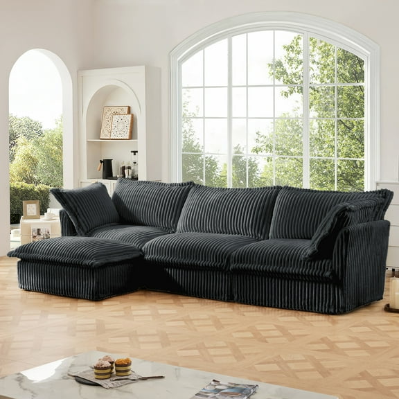 "120” 3 Seater Corduroy Cloud Sofa with Ottoman, Oversized Deep Seat Modular Couch with Removable Slipcovers, Upholstered Sofa for Living Room, Gray "