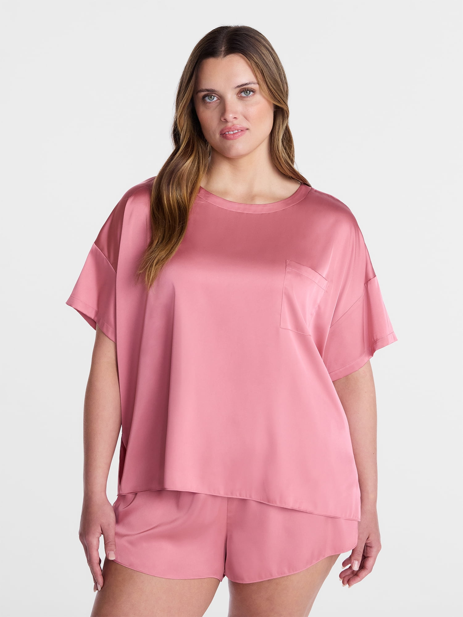 Joyspun Women’s Short Sleeve Stretch Satin Top and Shorts Pajama Set, 2-Piece, Sizes XS-3X