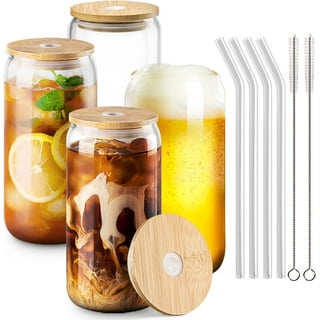 Jlong 4PCS Glass Cups with Bamboo Lids and Glass Straw - Beer Can