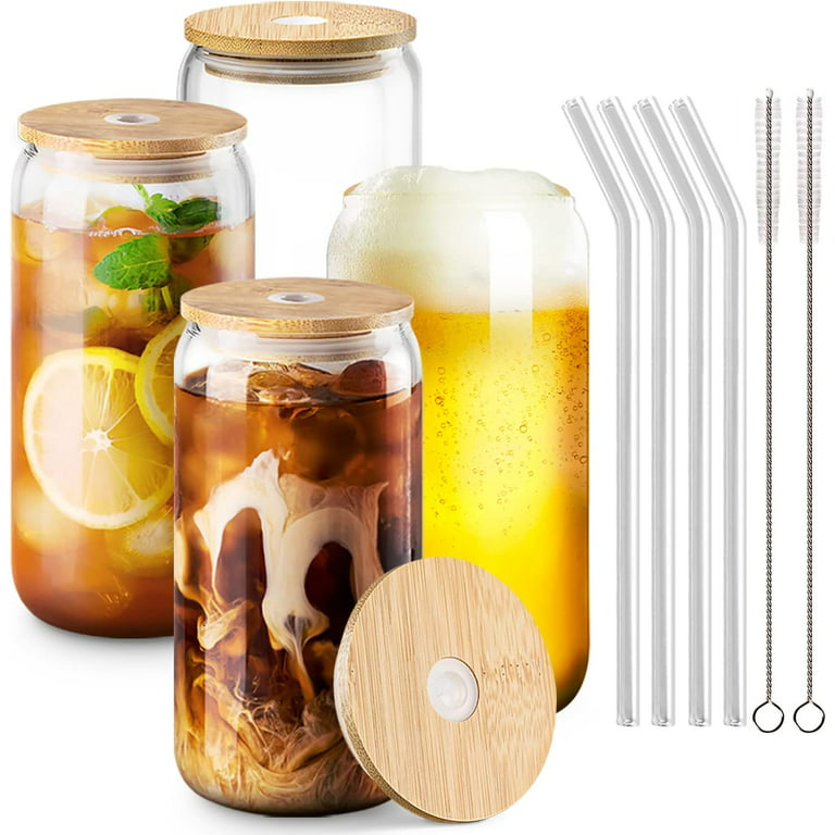 Glass Tumbler Bamboo Lid Straw - 4pcs Set Glass Cup Lid Drinking
