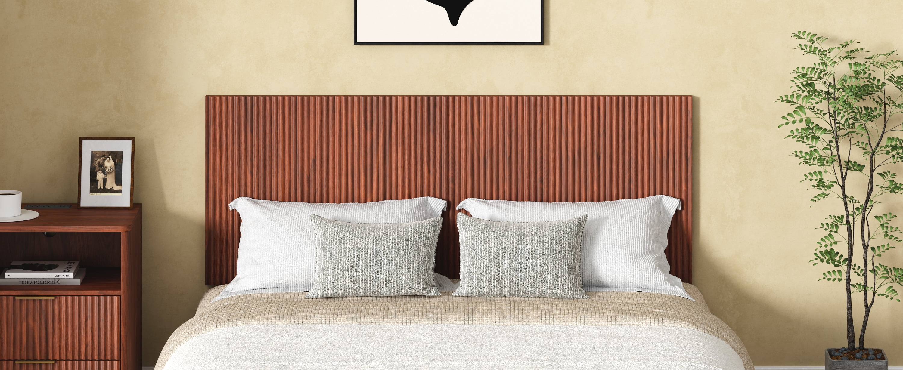 Modern Wavy Wooden Headboard 60.8 Inch for Queen Bed, Vertical Wood Grain Design with Easy Wall-Hanging Assembly, Bohemian Style, Easy Install, Walnut