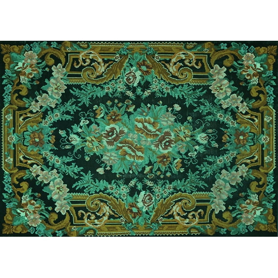 Ahgly Company Machine Washable Indoor Rectangle Medallion Turquoise Blue French Area Rugs, 5' x 8'