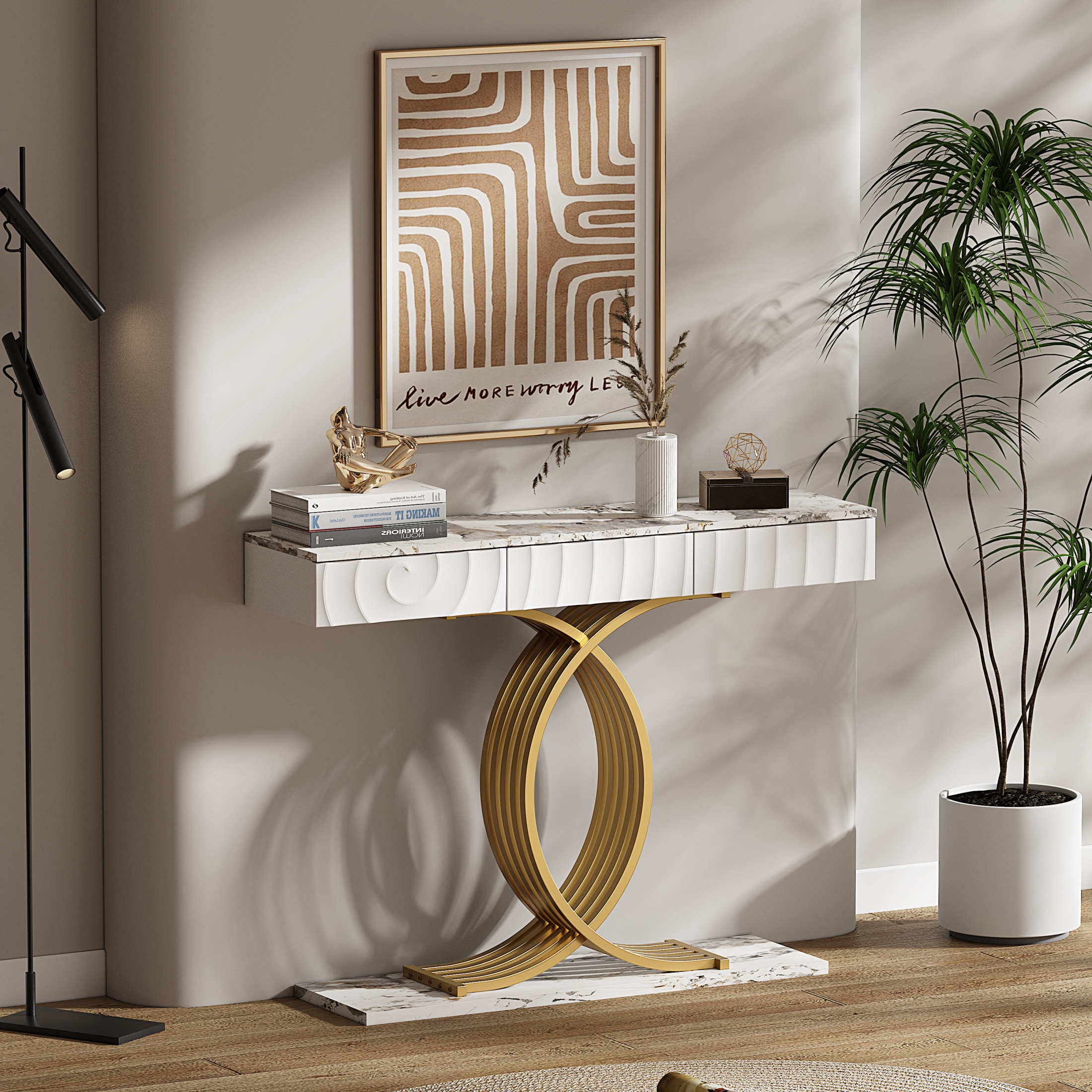 Noble House Arvion 47.3" Narrow Entryway Console Table with Storage Drawers & Geometric Metal Legs, White & Gold
