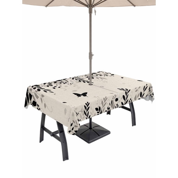 Outdoor Tablecloths with Umbrella Hole & Zipper, Spring Botanical 60 x102 Inch Rectangle Tablecloths, Black Eucalyptus Butterfly Rustic Waterproof Table Cloth, Patio/Pool/Picnic Table Covers