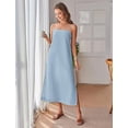 thumbnail image 4 of Fiophy,100% Linen Dresses Square Neck Sleeveless Spaghetti Strap Summer Casual Midi Dress with Slit, Blue,L, 4 of 6