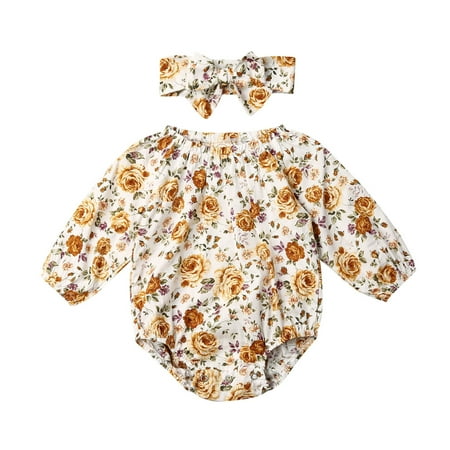 

Binpure Baby Girls Long Sleeve Floral Print Romper Ruffle Jumpsuit+Headband Set