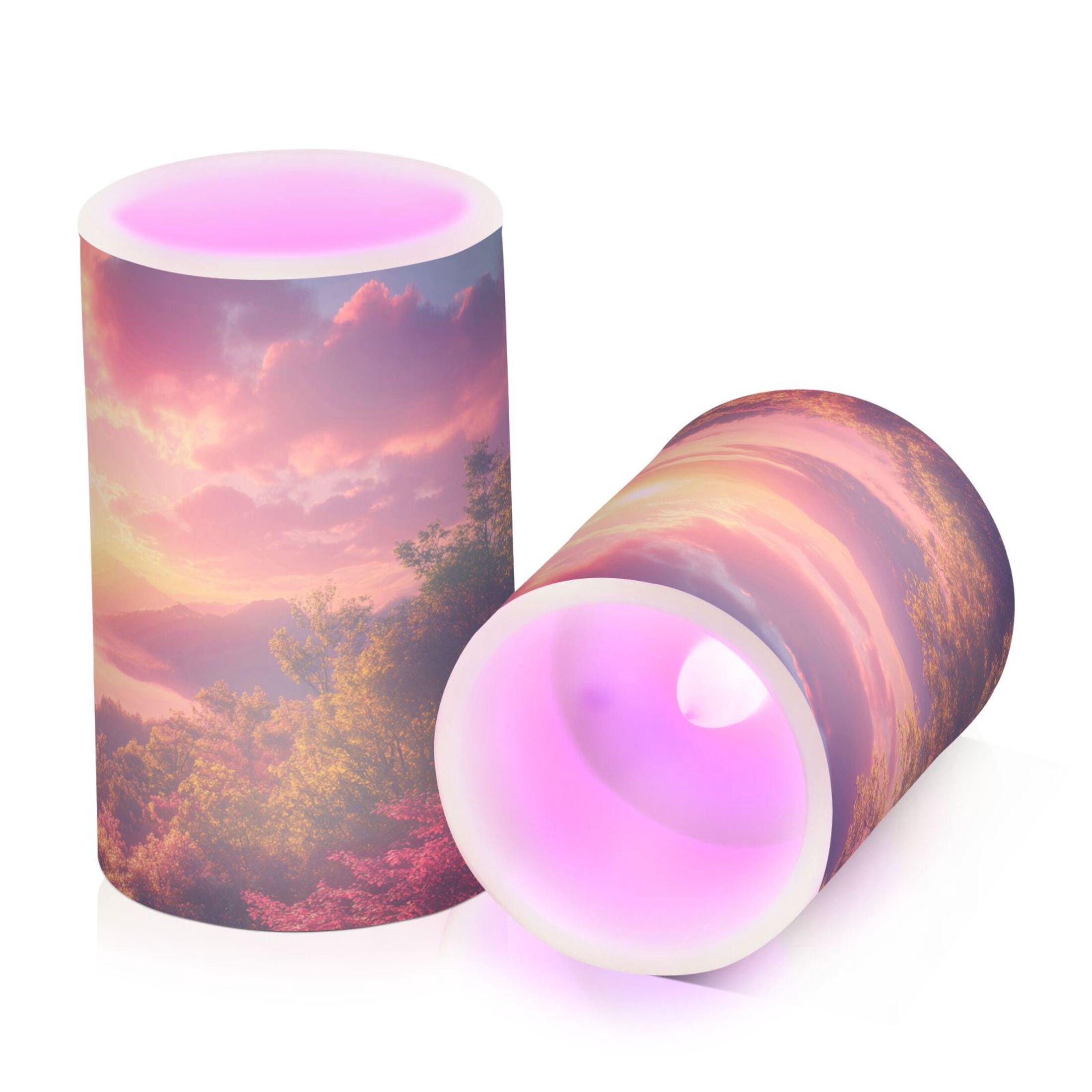 Beautiful Sunrise over Mountains Flickering Flameless LED Candles set of 2 Battery Operated 18-Key Remotes Timer Halloween Fall Decor D3''xH4''5''