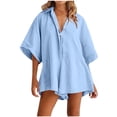 thumbnail image 1 of Yuyuzo Women Jumpsuit V-Neck Half Button Collared Rompers Short Sleeve Oversized Lightweight Overalls, 1 of 7