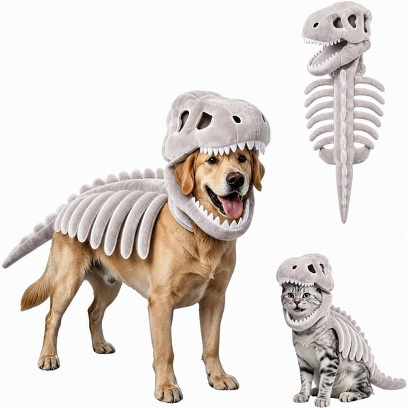 Pet Dinosaur Costume Soft Plush T-Rex Skeleton Halloween for Dogs Cats | Soft Plush Material, T-Rex Skeleton Design, Halloween Costume, Dog Apparel