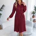 thumbnail image 6 of Women's Dress Long Sleeve Lapel Collar Solid Color Waist Defining Pleated Skirt Midi Dress for Spring Fall,Wine,M, 6 of 8