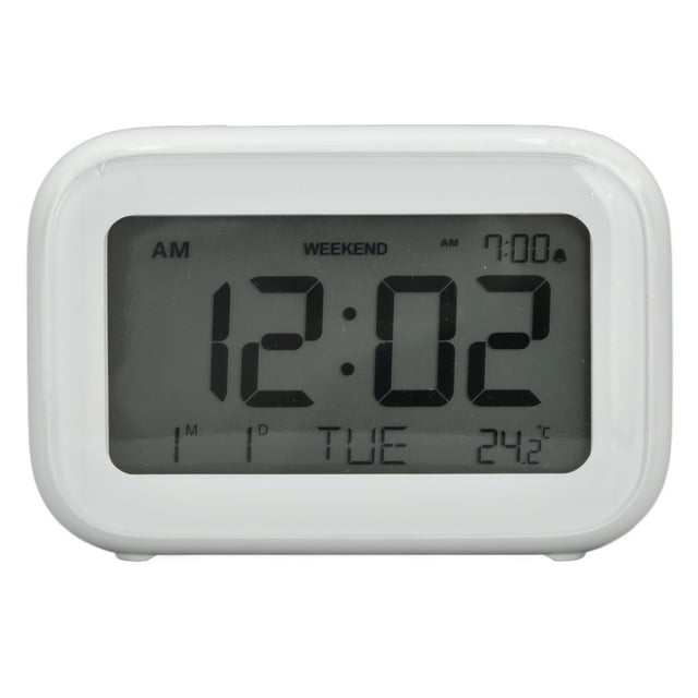 Mini reloj despertador digital con pantalla LCD y función de repetición, formatos 12/24 h, ideal para dormitorio, viajes, oficina, color blanco.