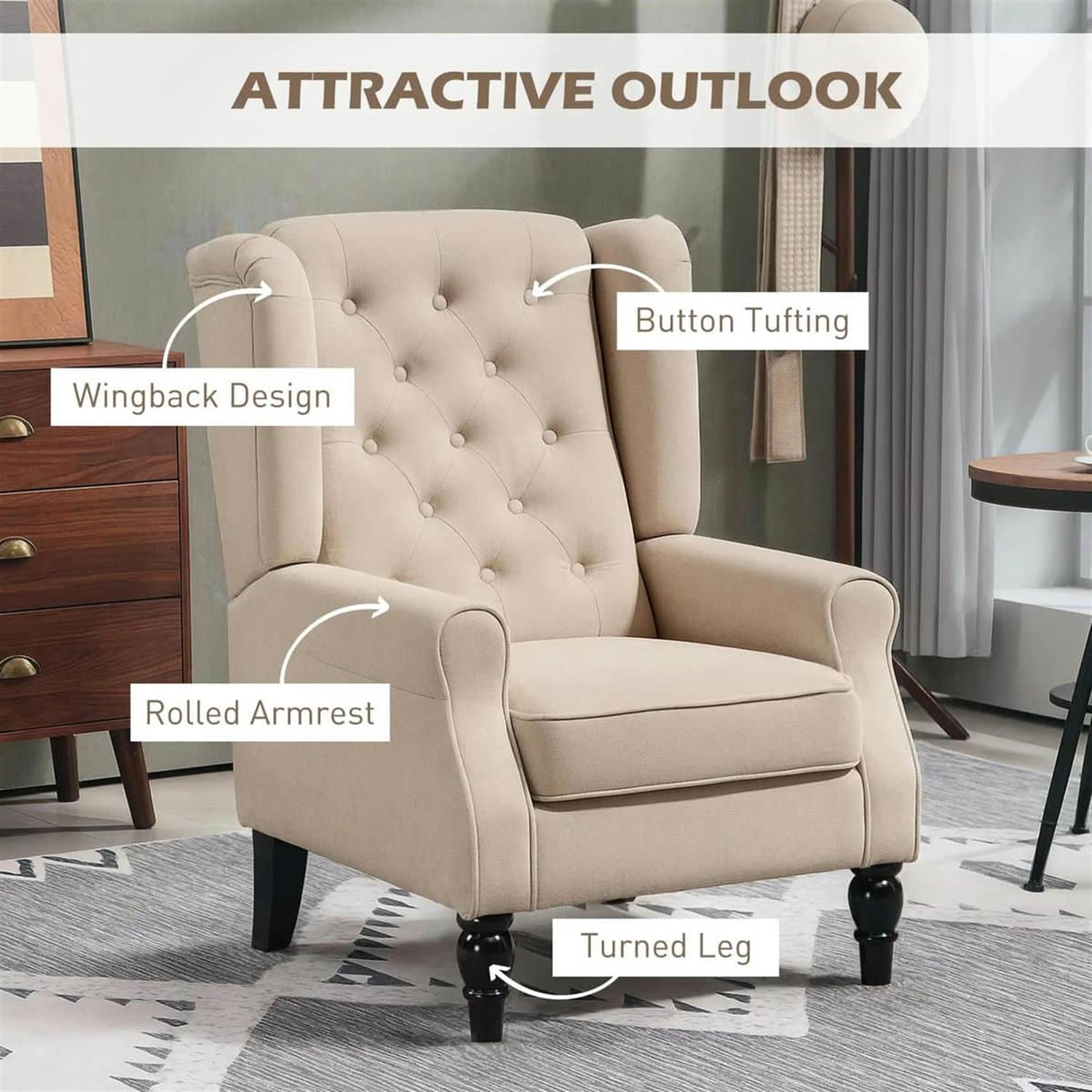 Demi Bonn 40" Modern Upholstered Armchair with High Back Button Tufted, Mid-Century Retro Wood Leg Chair for Living Room, Bedroom, Beige