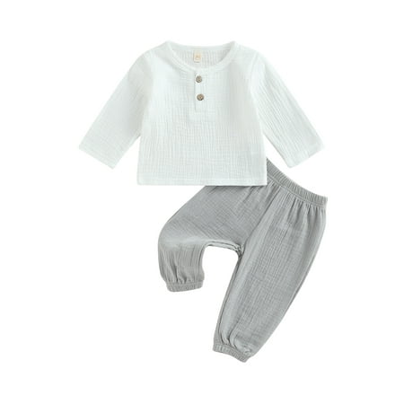 

Toddler Baby Boy Girl Cotton Linen Pants Set Solid Long Sleeve T Shirt Top Drawstring Elastic Waist Long Pants Outfit