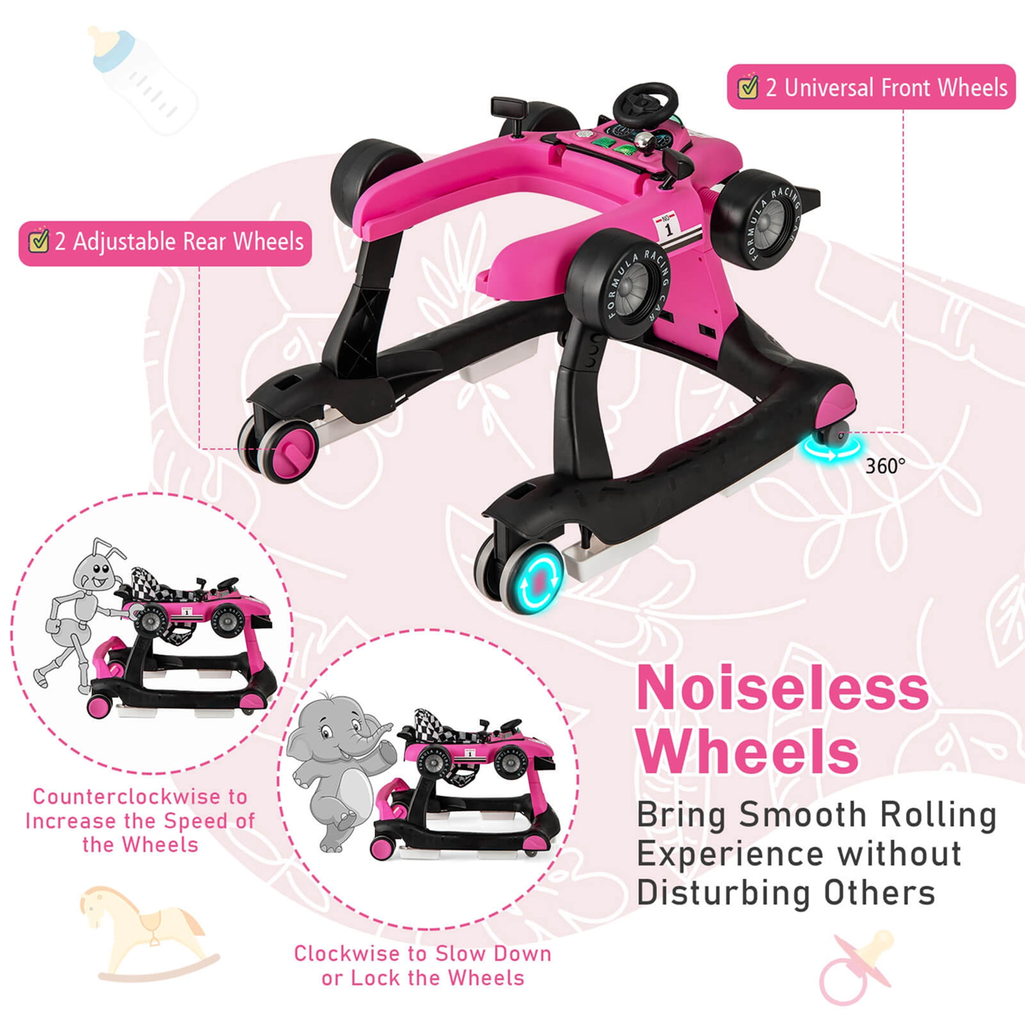 Costway 4-in-1 Baby Walker Foldable Activity Walker with Adjustable Height & Speed Deep 6-18 Months Pink