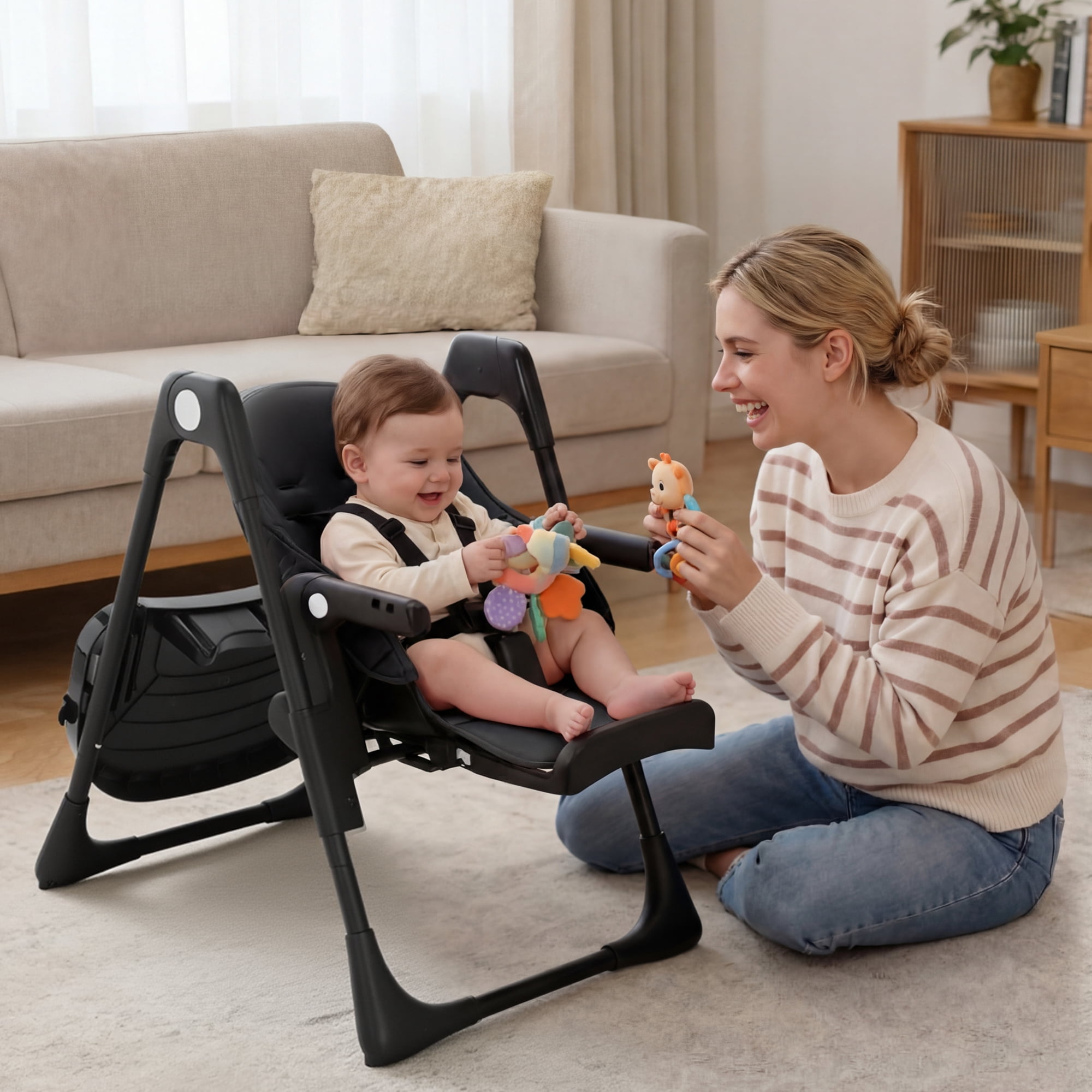 AILEEKISS Foldable High Chair for Baby, Toddler Eating Chair with Detachable Double Trays, Black