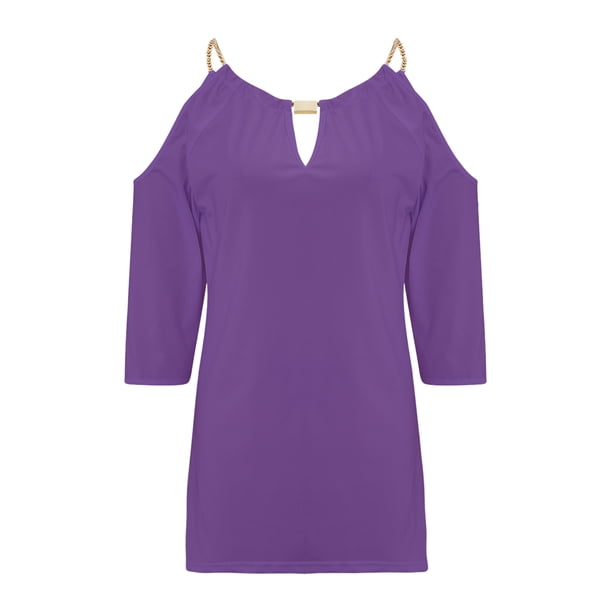 VISgogo - Camiseta informal de media manga para mujer, a la moda, de color sólido, con hombros descubiertos y cuello en V VISgogo moda