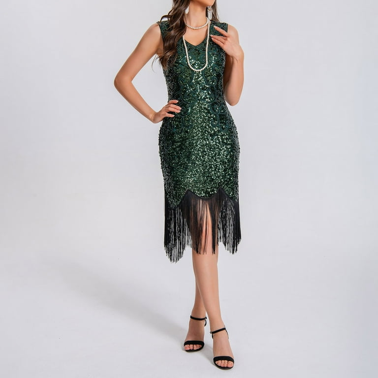 FEIFLY Plus Size Vintage Fringed Personality Vintage Sequin Beaded Tassels  Hem Flapper Dresses For Women Solid Color Festival Clothing - Walmart.com