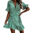 thumbnail image 2 of OUSITAID Women‘s Summer Wrap V Neck Polka Dot Print Ruffle Short Sleeve Mini Floral Dress with Belt, 2 of 2