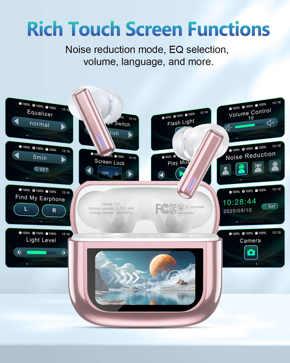 Wireless Earbuds, Bluetooth 5.4 Headphones, EarBuds with Touch Screen, ANC ENC Noise Cancelling Transparency Mode, 50H Stereo Deep Bass, IPX7 Waterproof, Clear Calls, 5 EQ for iOS Android