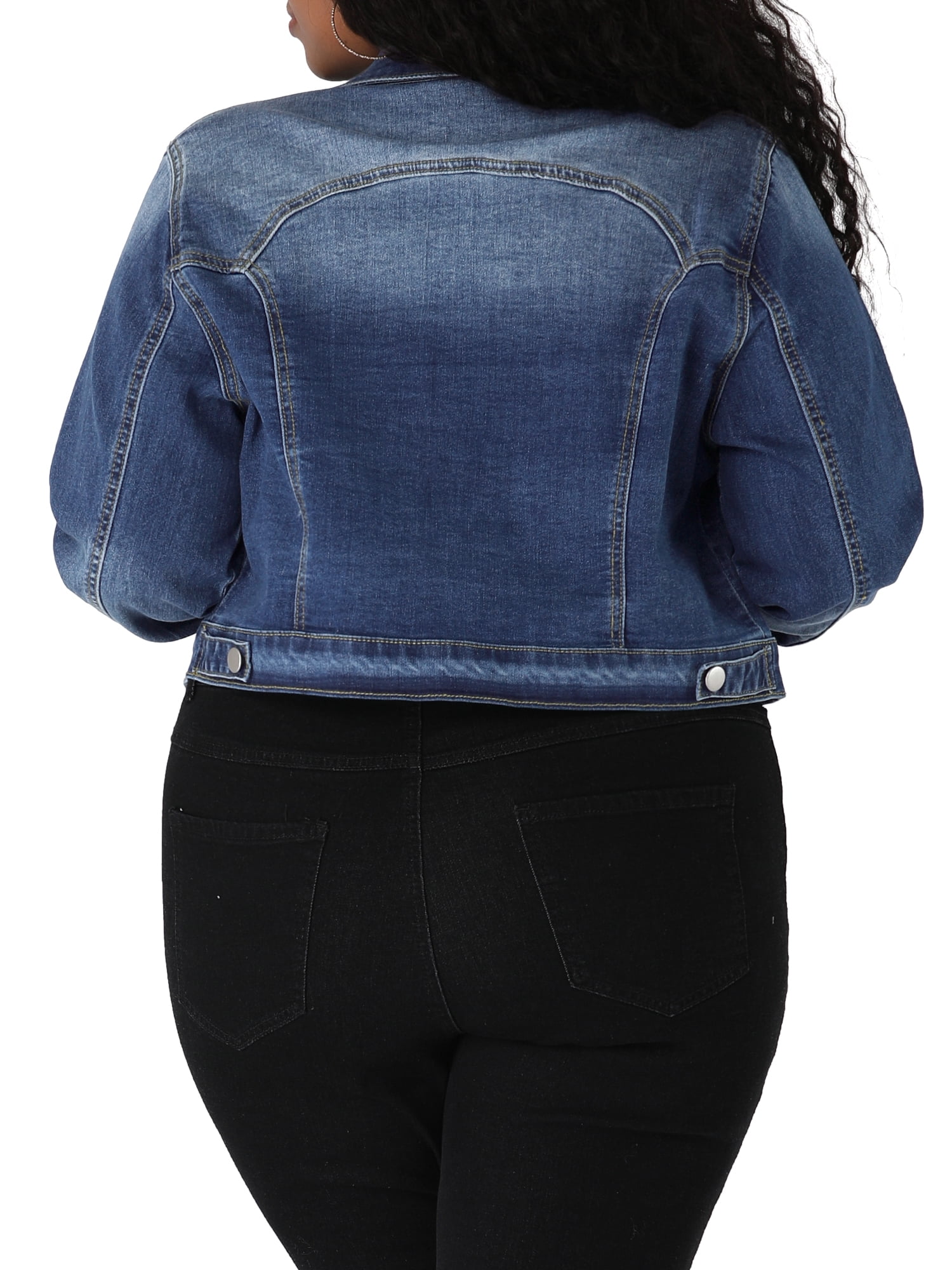 Unique Bargains Juniors' Plus Size Button Closed Cropped Denim Jacket