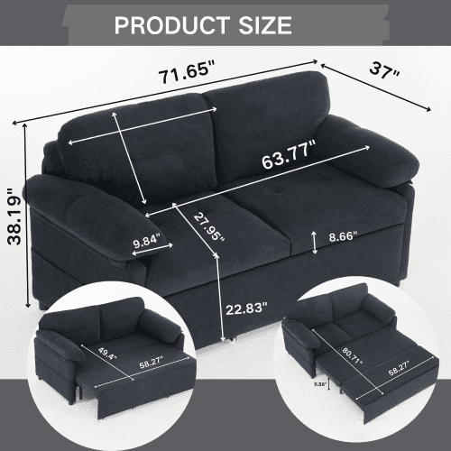 Convertible Sleeper Sofa, Queen Size Pull-Out Sofa Bed, 3-in-1 Chenille Loveseat with Side Storage & Casters for Living Room, Apartment, Black