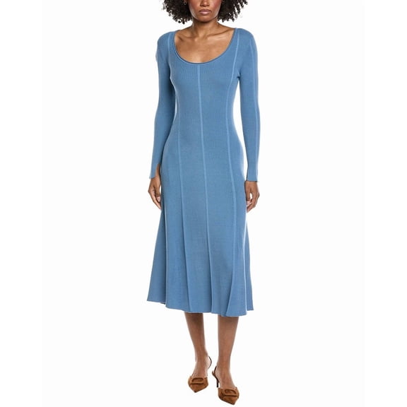 Elie Tahari womens Deep Scoop Neck A-Line Midi Dress, l, Blue